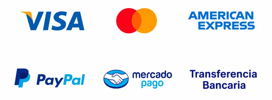 Métodos de pago disponibles: Visa, Mastercard, American Express, PayPal, Mercado Pago y transferencia bancaria